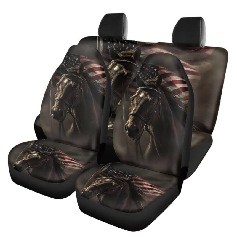 TOADDMOS 4PCS Satteldecke Auto Sitzbezüge Full Set Amerikanische Flagge Pferd Fahrer Sitzbezug und hintere Split Bank Sitzschutz Full Wrap Rückenlehne Schutzhülle Auto Innenbezüge für Auto LKW von TOADDMOS