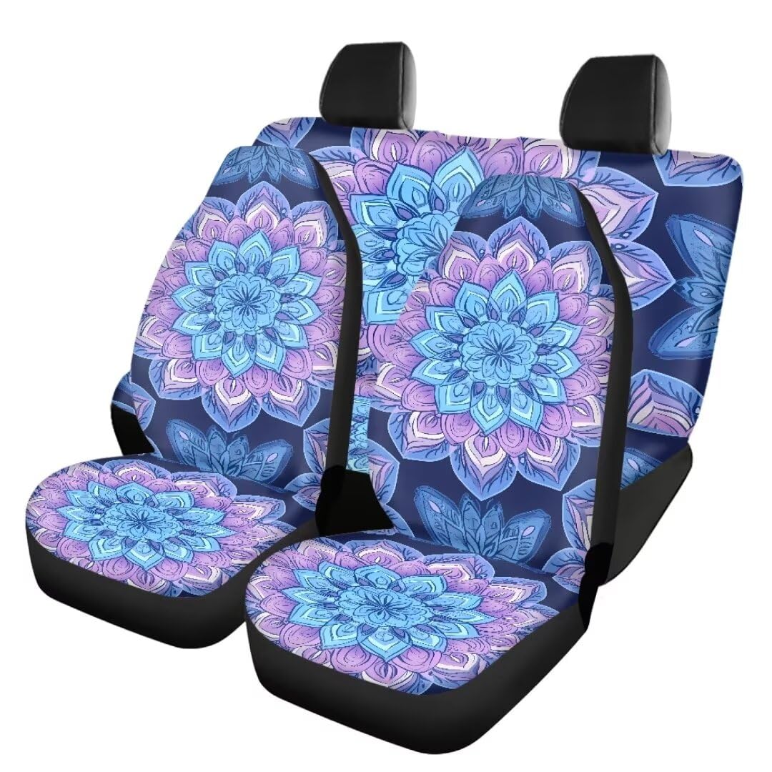 TOADDMOS 4pcs Boho Style Mandala Autositzbezüge Voller Satz Lila Blüten Vordere Rücksitzbezüge Leichte Satteldecke Sitzbezüge Universalgröße Fit für die meisten Autos SUVs LKW Vans von TOADDMOS