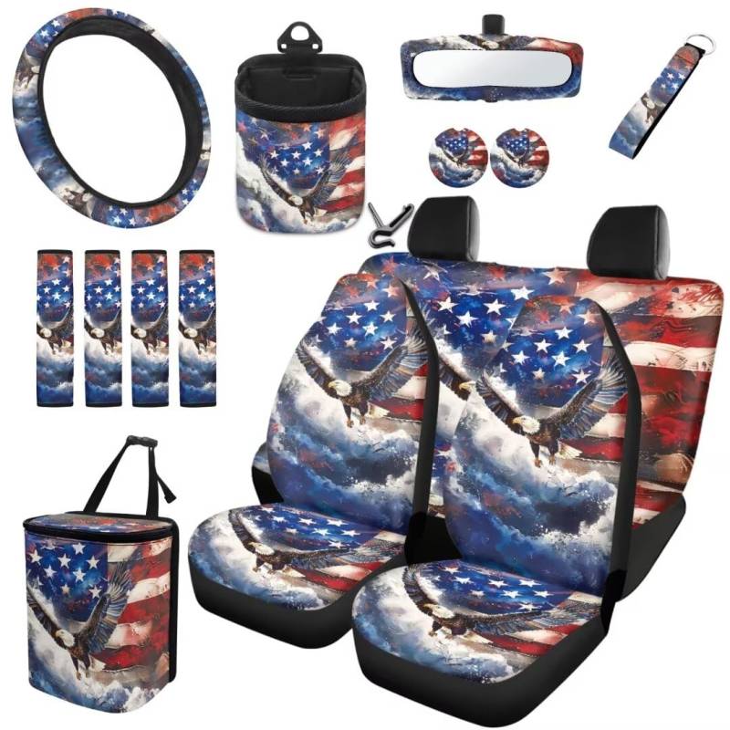 TOADDMOS American Flag Eagle Automotive Universal Seat Covers Set von 15 Patriotische Auto Lenkrad Zubehör Air Vent Bag Belt Pads Hängen Mülleimer Anti-Rutsch Matte Coaster Wristlet Schlüsselanhänger von TOADDMOS