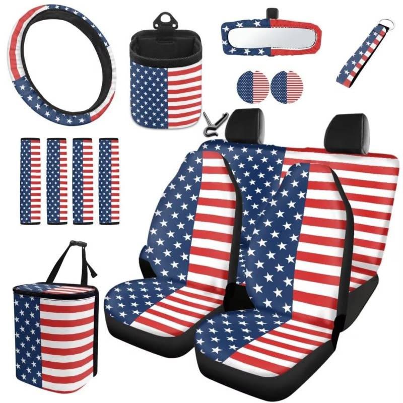 TOADDMOS Amerikanische Flagge Auto Innenraum Sitzbezug Set Lenkradabdeckung Belt Pads Auto Müllbeutel Air Vent Aufhängestasche Cup Halter Untersetzer Patriotisches Design Handgelenk,15 Stück Set von TOADDMOS