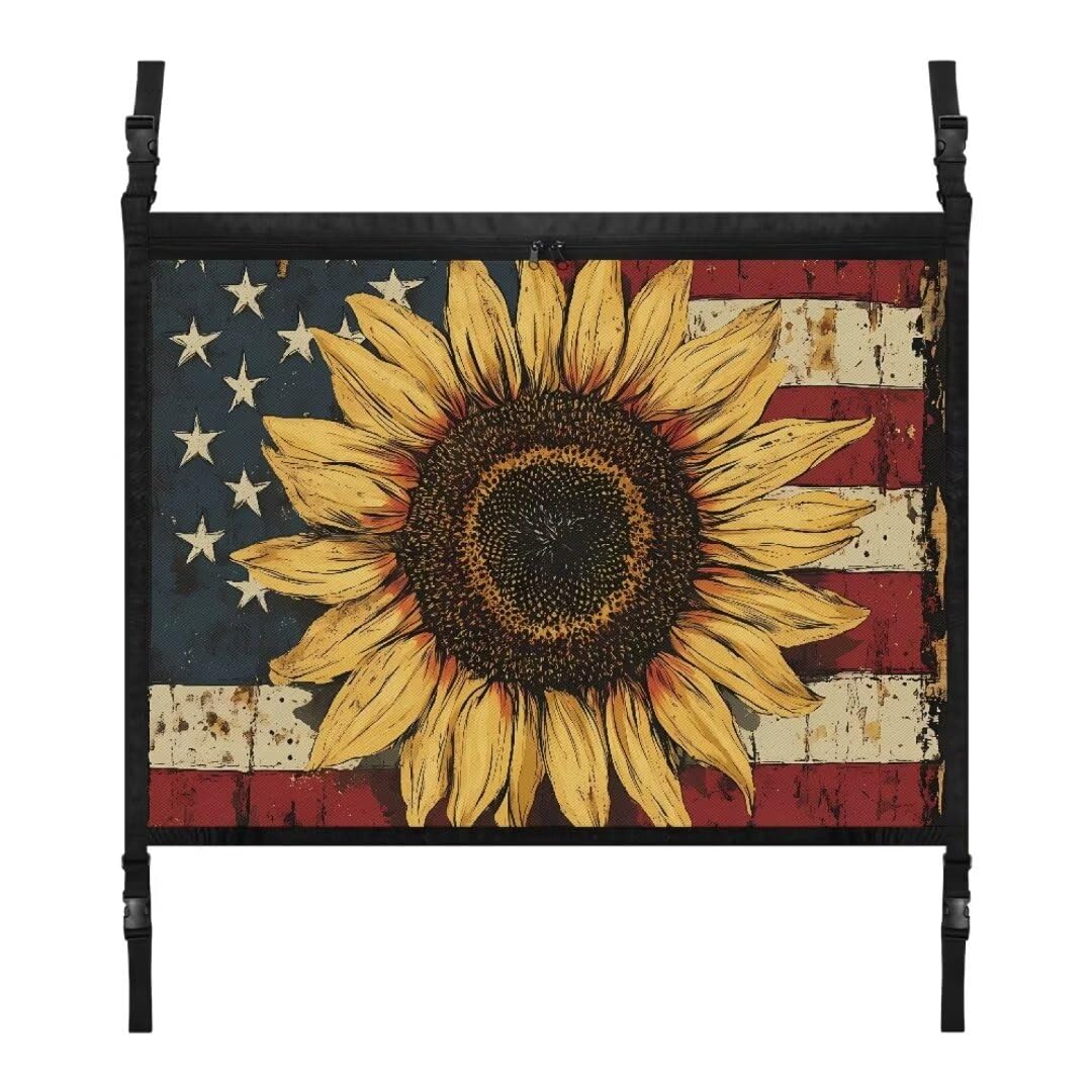 TOADDMOS Amerikanische Flagge Sonnenblume Auto Decke Cargo Net Tasche 31.69"x24.02" SUV Cargo Net Car Organizer Cargo Net für Auto, Autozubehör für Reisen, Patriotisches Design von TOADDMOS