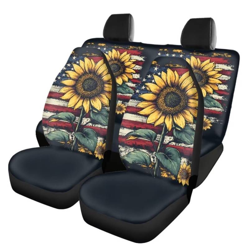 TOADDMOS Amerikanische Flagge Sonnenblume Satteldecke Autositzbezüge Voller Satz Universal Auto Vordersitze Protector&Split Hinterbank Dekorative Schutzabdeckung Passt für Auto, SUV Limousine, LKW von TOADDMOS