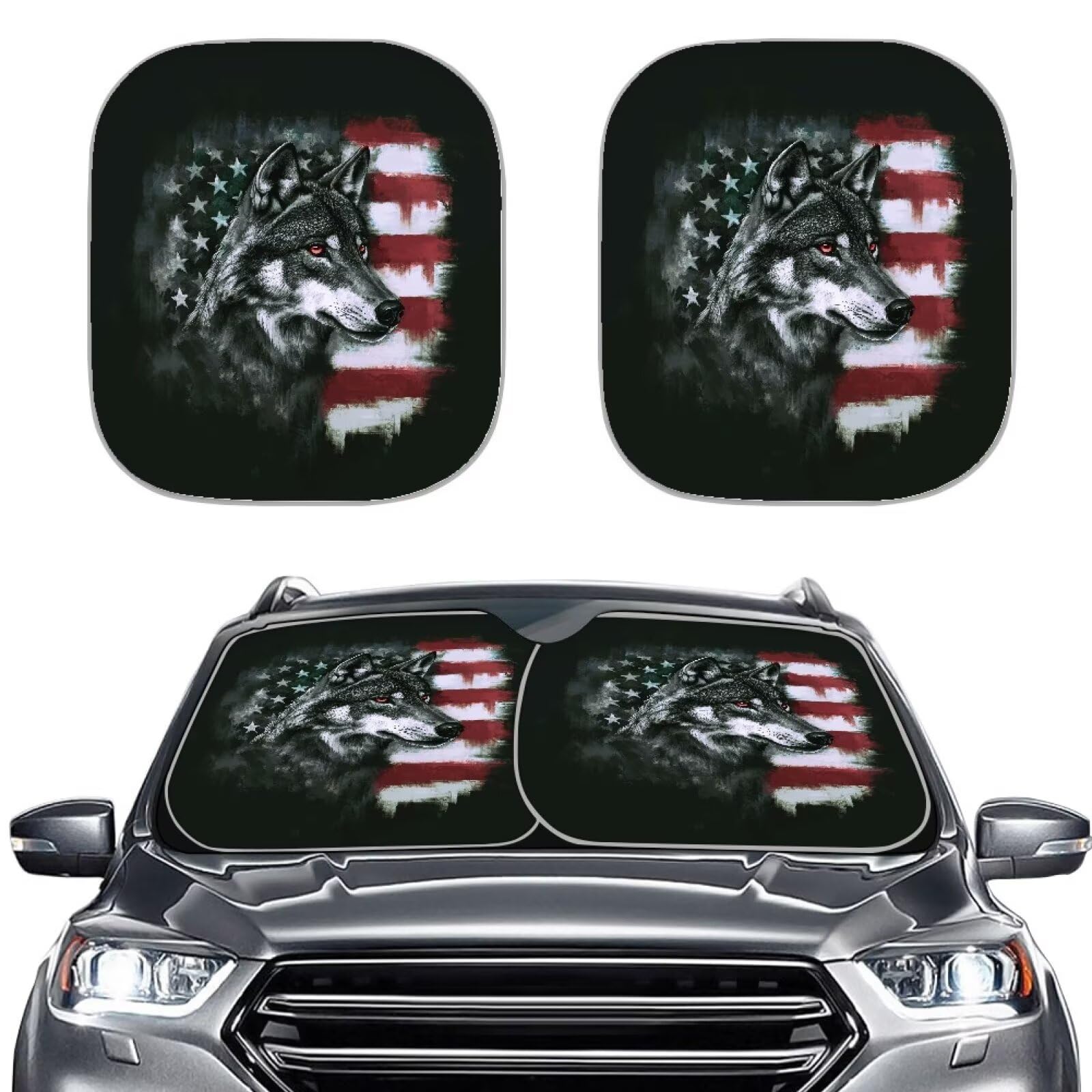 TOADDMOS Amerikanische Flagge Wolf Auto Frontfenster Sonnenschirme Set von 2 Blocking Sonnenschutz Abdeckung für Männer Frauen Auto Auto Zubehör für kühle Innenräume von TOADDMOS