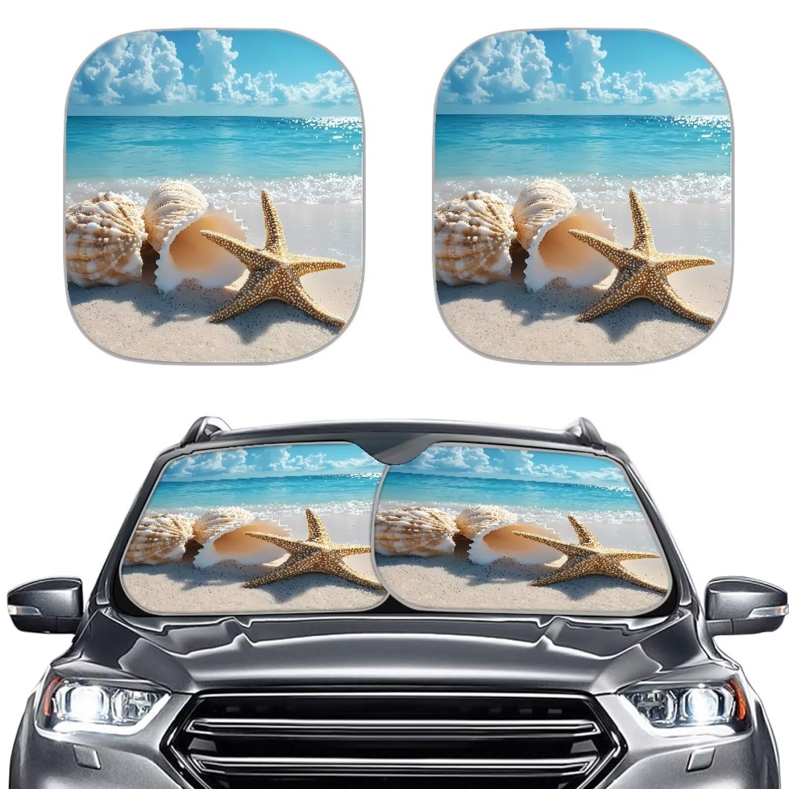 TOADDMOS Auto Sonnenschutz Sea Beach Seesterne Conch Auto Windschutzscheibe Abdeckung UV Strahlen Reflektor Schatten Auto Innenraum Zubehör für Sonnenwärme von TOADDMOS