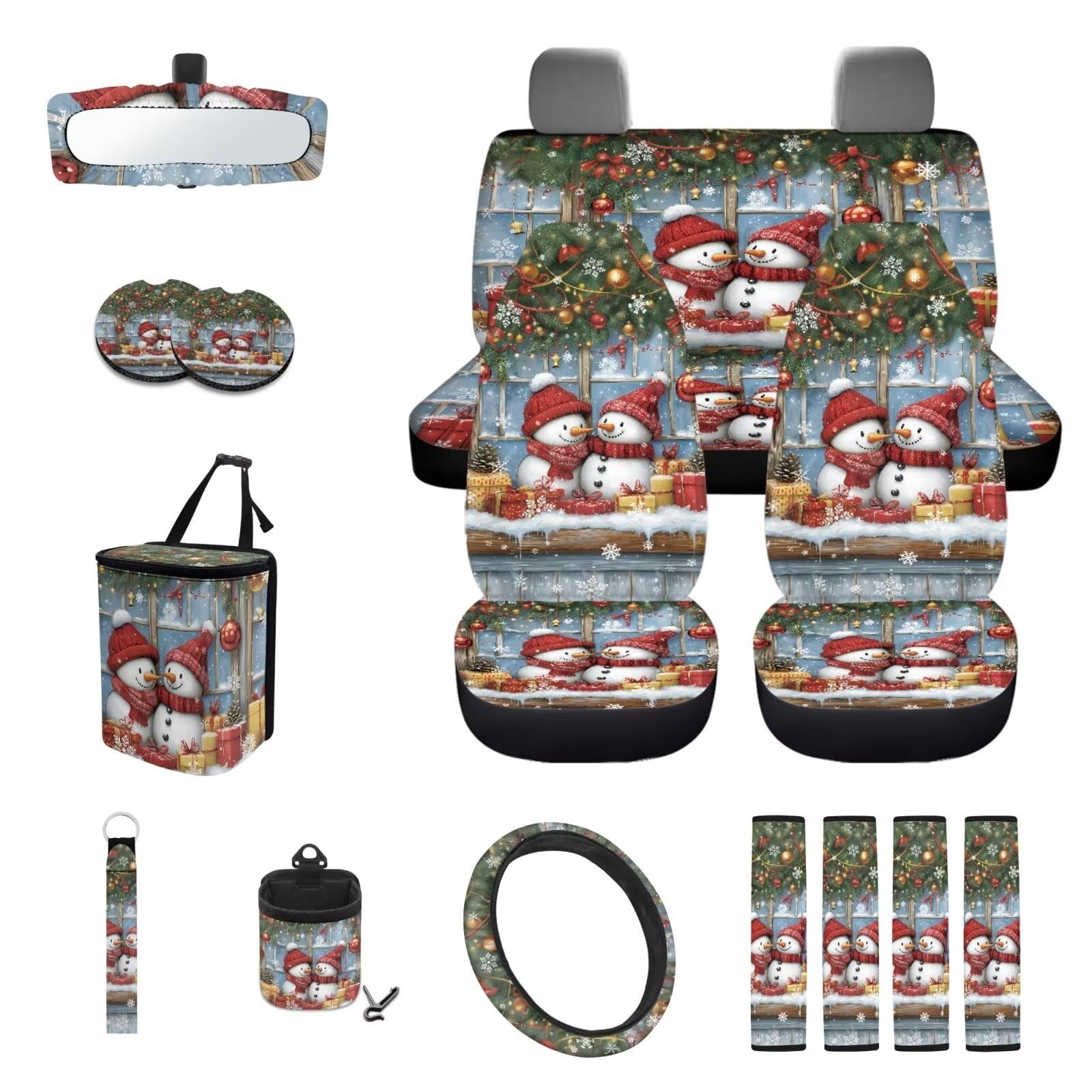 TOADDMOS Autositzbezug-Set mit Weihnachtsschneemann, 15-teilig, Lenkradbezug, Sicherheitsgurtkissen, Müllsack, Lüftungsschlitztasche, Rückspiegelabdeckung, Auto-Untersetzer, Schlüsselanhänger, passend von TOADDMOS