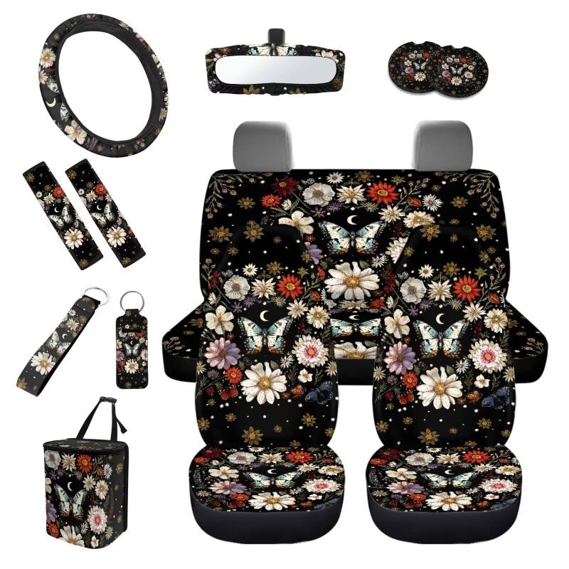 TOADDMOS Autozubehör Gänseblümchen Blume Schmetterling Auto Sitzbezüge Komplettes Set / Lenkradbezug / Sicherheitsgurt Schulterpolster / Schlüsselanhänger / Lippenstifthalter / Untersetzer / von TOADDMOS