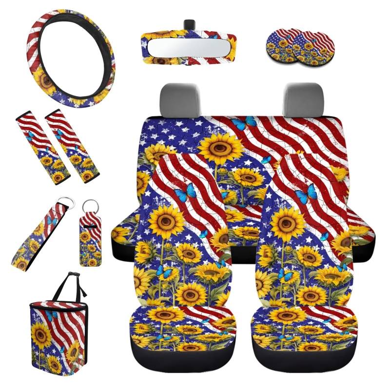 TOADDMOS Autozubehör mit USA-Flagge, Sonnenblume, komplettes Set, Auto-Vordersitzbezüge, Lenkradbezug, Sicherheitsgurtpolster, Lippenstift-Organizer, Schlüsselanhänger, Müll, Untersetzer, von TOADDMOS