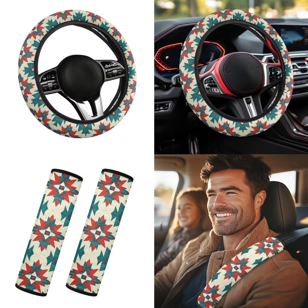 TOADDMOS Aztec Geometrie Auto Zubehör Frauen Warme Lenkradabdeckung Afrikanischer Tribal Flanell Lenkrad Wrap mit Sicherheitsgurt Abdeckung Pad für Männer von TOADDMOS