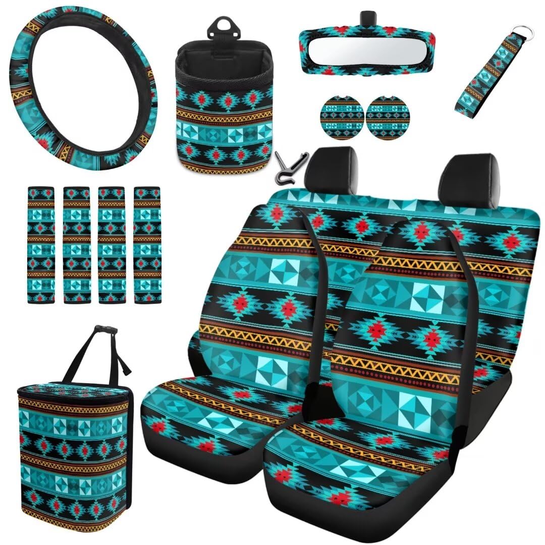 TOADDMOS Aztec Geometrie Front und Heck Autositz Abdeckung Full Set Tribal Style Gurt Pads Auto Lenkrad Abdeckung Auto Mülleimer Anti-Rutsch Matte Untersetzer Schlüsselanhänger,15 Stück Set von TOADDMOS