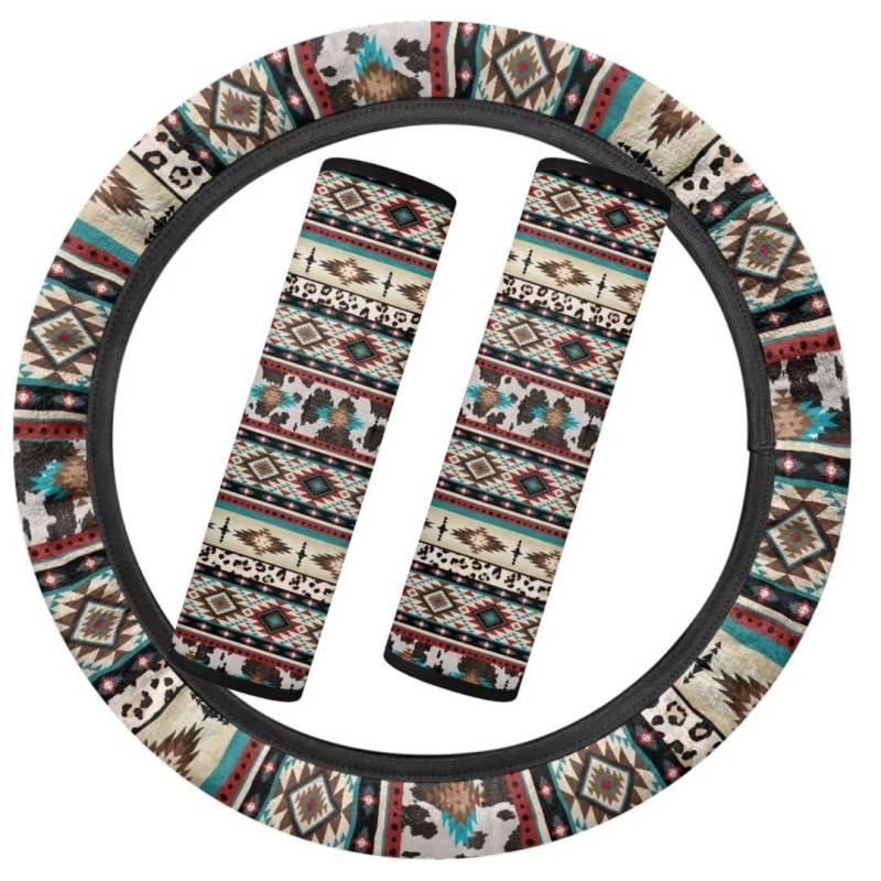 TOADDMOS Aztec Geometrie Tribal Auto Lenkradabdeckung und Sicherheitsgurt Kissen für Frauen Southwestern Tribal Warme Lenkradabdeckung Warm für Männer von TOADDMOS