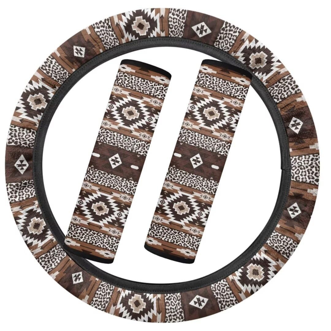 TOADDMOS Aztec Geometrie Warme Lenkradabdeckung Frauen Ethnische Art Auto Sicherheitsgurt Abdeckung Leopard Print Lenkradabdeckung Auto Zubehör Set von TOADDMOS