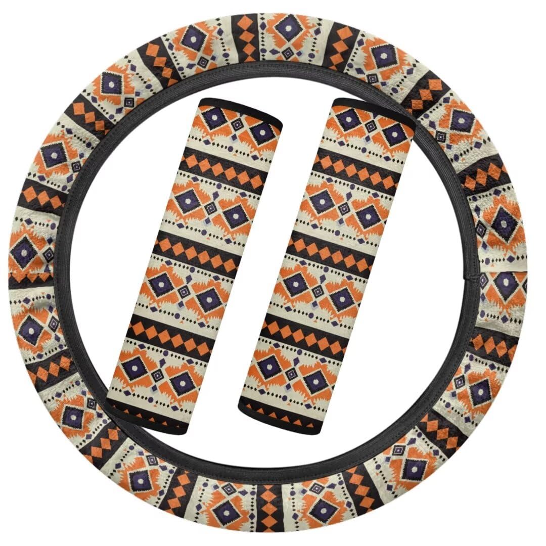 TOADDMOS Aztec Tribal Auto Lenkradabdeckung mit Sicherheitsgurt Abdeckung Pad Abstrakte dreieckige geometrische weiche warme Auto Lenkradabdeckung, Orange Beige von TOADDMOS