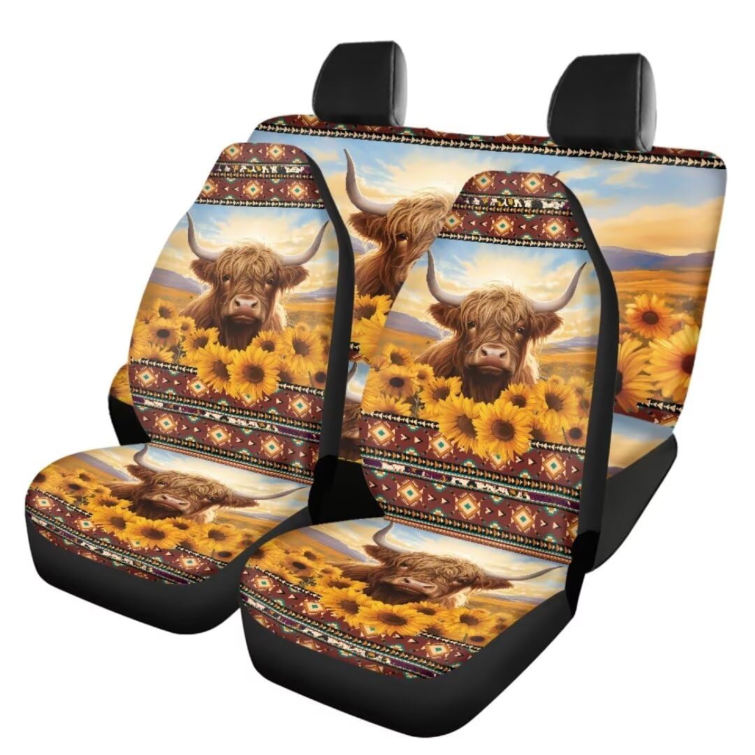 TOADDMOS Aztec Tribal Auto Sitzbezüge 4PCS Set Sonnenblume Hochland Kuh Fahrer Sitzbezug mit geteilter Rückenlehne Suche Sitze Protektor Universal Fit Innenbezüge für die meisten Autos von TOADDMOS