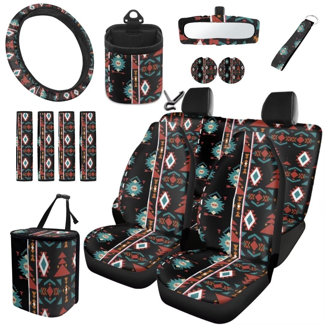 TOADDMOS Aztec Tribal Auto Sitzbezüge Set Universal Lenkradabdeckungen Ethnische Art Schlüsselanhänger Sicherheitsgurt Pads Auto Mülleimer Air Vent Aufbewahrungshalter Auto Untersetzer, Pack von 15 von TOADDMOS