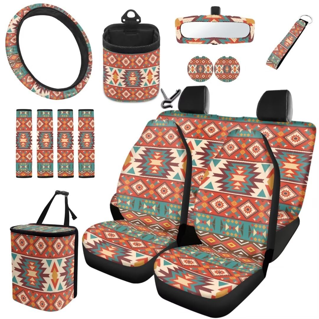 TOADDMOS Aztec Tribal Satteldecke Autositzbezüge Full Set Auto Lenkrad Zubehör Air Vent Aufbewahrungshalter Car Cup Matte Wristlet Schlüsselanhänger Sicherheitsgurt Strap Pads von TOADDMOS