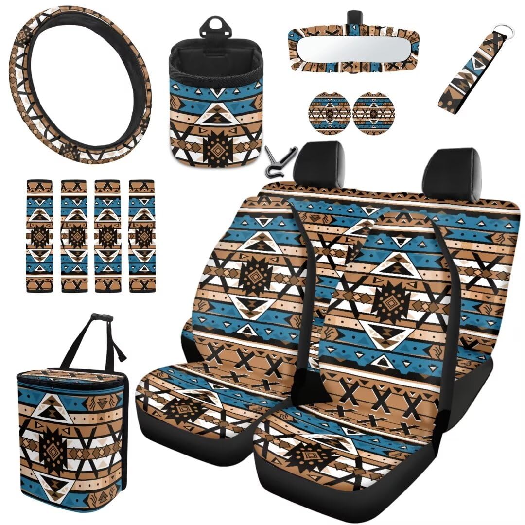 TOADDMOS Aztec Tribal Universal Auto Innenraum Sitzbezug Set 15-Pack Ethnische Stil Geometrie Auto Lenkradabdeckung Wristlet Schlüsselanhänger Sicherheitsgurt Pads Air Vent Aufhängestasche von TOADDMOS