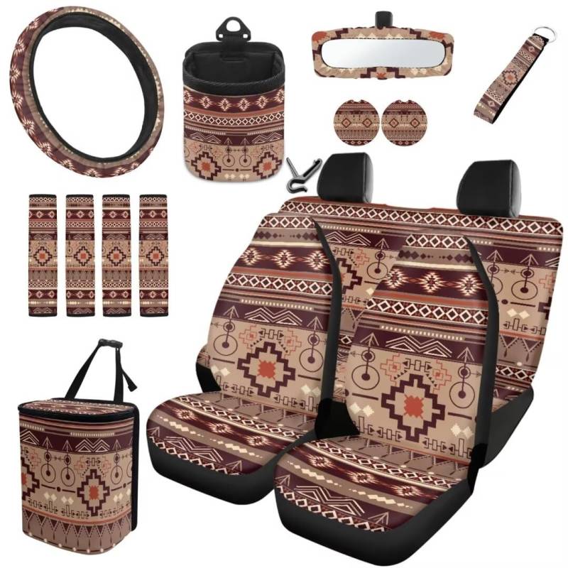 TOADDMOS Aztec Tribal Universal Sitzbezüge für Autos Lenkradabdeckungen Auto Mülleimer Sitz Air Vent Aufbewahrungsbeutel Belt Pads Auto Untersetzer Universal Fit Die meisten Fahrzeuge von TOADDMOS