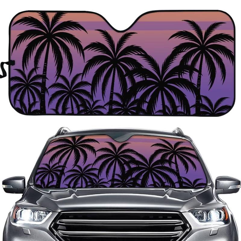 TOADDMOS Black Coconut Tree Car Windschutzscheibe Sonnenschutz Lila Streifen Vorderfenster Sonnenschutz Visor Schild Abdeckung schützt Dashboard vor Sonne von TOADDMOS