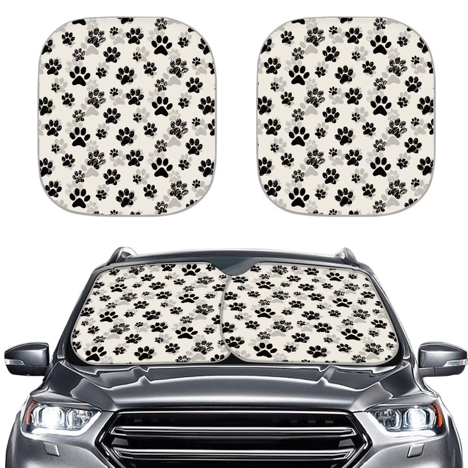 TOADDMOS Black Dog Paw Print Auto Windschutzscheibe Sonnenschirme Packung von 2 Universal Automotive Windschutzscheibe Abdeckung Auto Sonnenschirm, Auto Dekor Zubehör von TOADDMOS