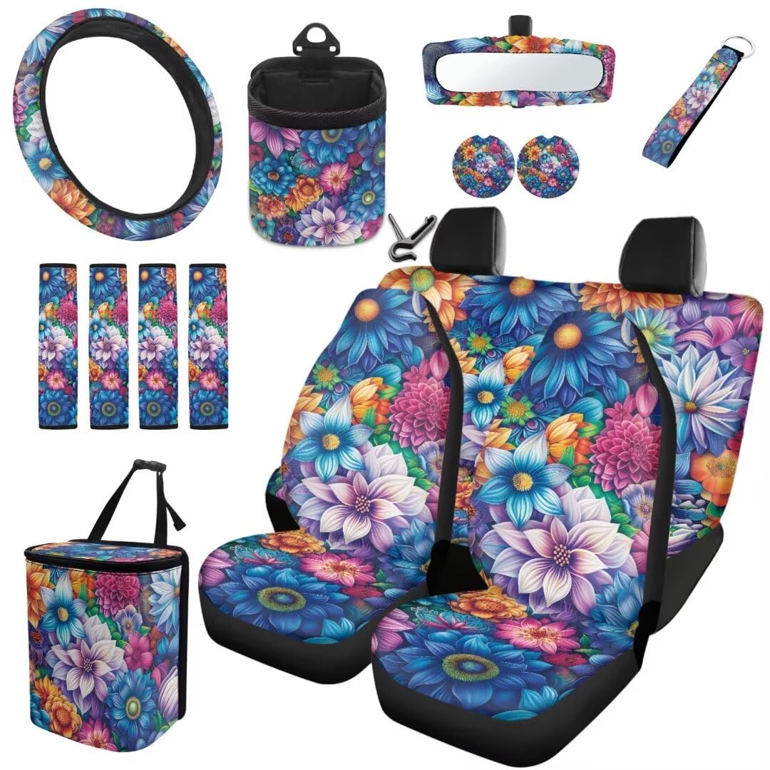 TOADDMOS Blossom Floral Auto Sitzbezüge Full Set Blumen Lenkrad Schutz Air Vent Bag Auto Untersetzer Handgelenk Lanyard für Autoschlüssel Auto Mülleimer Sicherheitsgurt Pads,15 Stück Set von TOADDMOS