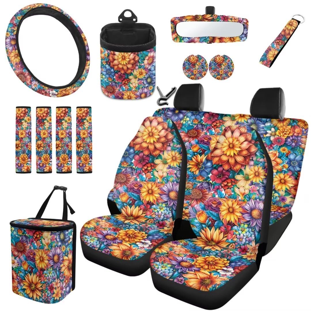 TOADDMOS Blossom Floral Mandala Auto Sitzbezüge Set Universal Blumen Lenkradbezüge Boho Style Sicherheitsgurt Pads Auto Mülleimer Air Vent Aufhängshalter Untersetzer Schlüsselanhänger, Satz 15 von TOADDMOS