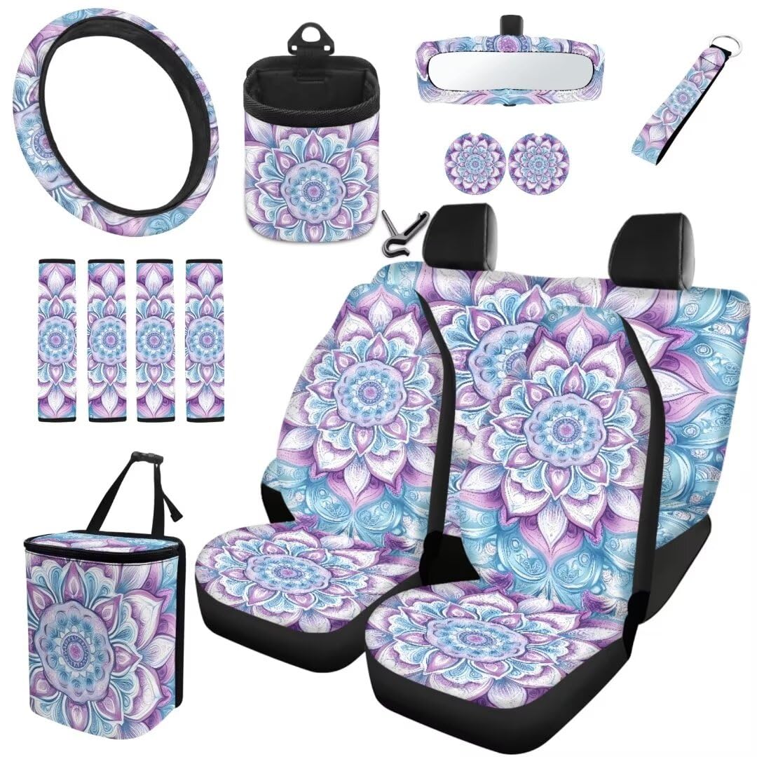 TOADDMOS Blossom Floral Vordersitzbezüge für Autos mit Split Hinterbank Rückensitzbezug Lenkradabdeckung Boho Mandala Sicherheitsgurt Gurt Pads Air Vent Bag Auto Untersetzer Schlüsselanhänger,15PCS von TOADDMOS