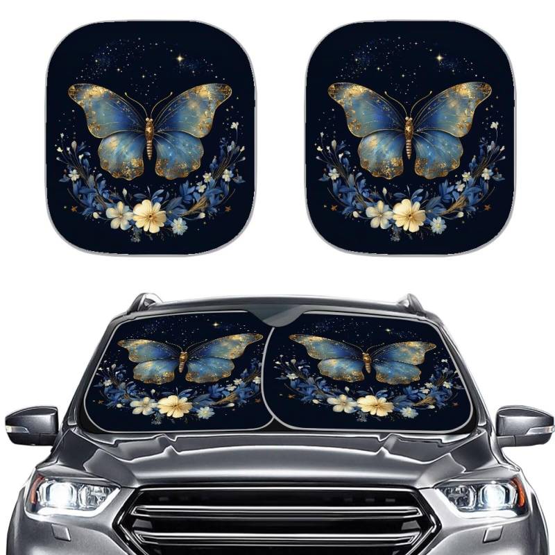 TOADDMOS Blue Butterfly Auto Sonnenschirme Blumenblumen Falten Frontfenster Sonnenschutz Abdeckung Auto Zubehör für Kühle Innenräume von TOADDMOS