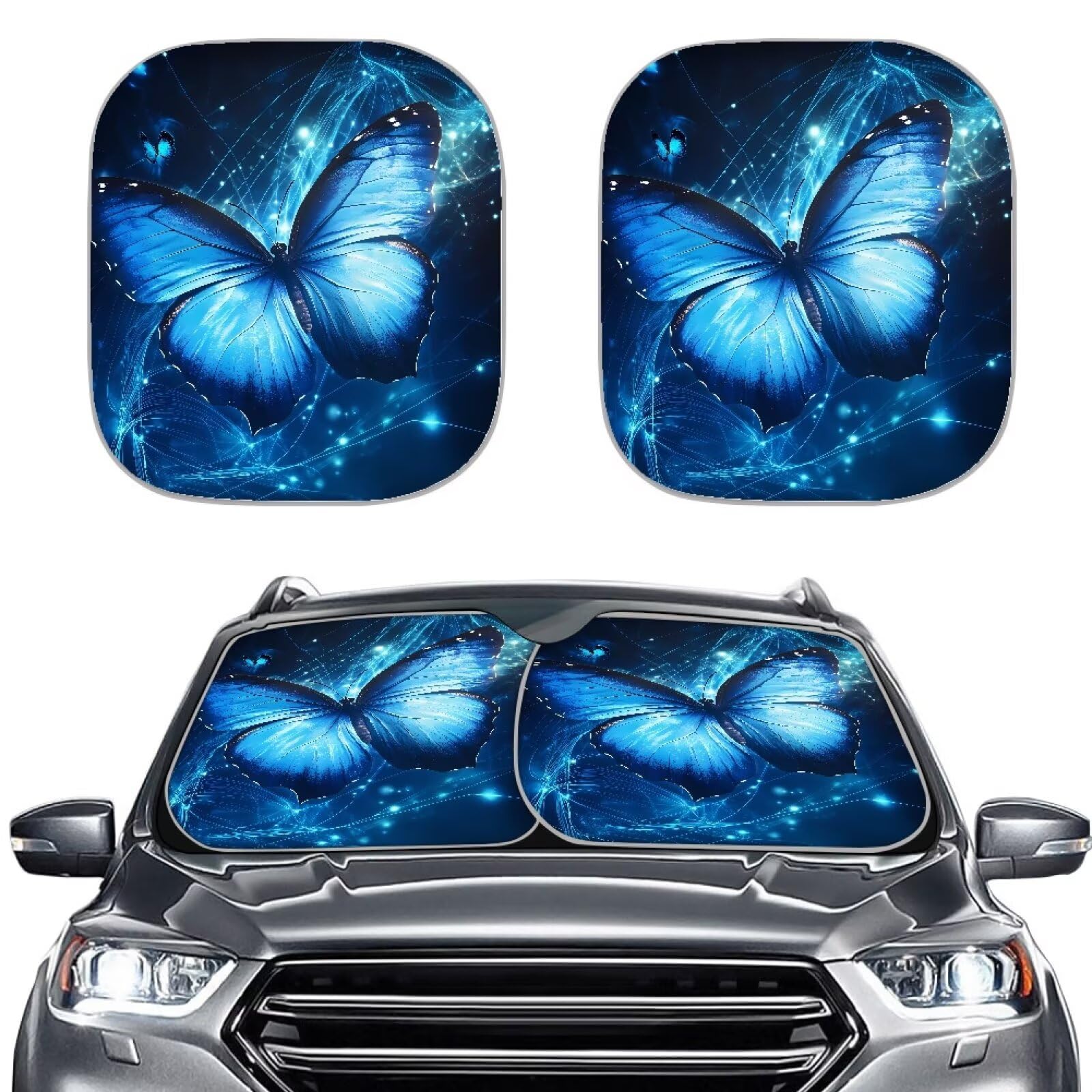 TOADDMOS Blue Butterfly Auto Windschutzscheibe Sonnenschirm Set von 2 Universal Auto Windschutzscheibe Abdeckung UV Strahlen Reflector Shade Protector für UV Strahlen und Sonne Hitzeschutz von TOADDMOS