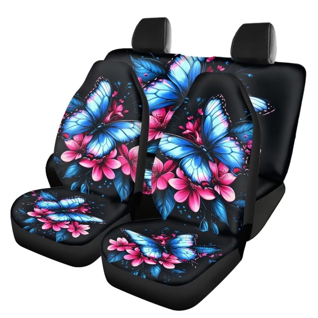 TOADDMOS Blue Butterfly Automotive Sitzbezüge Set von 4 Rosa Blumen Vordere Autositzbezüge und Hintere Split Bank Sitzbezüge Premium Polyester Sitzbezüge Auto Innenbezüge für Van SUV von TOADDMOS