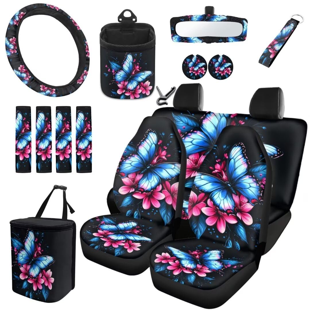 TOADDMOS Blue Butterfly Automotive Universal Seat Covers Set von 15 Rosa Blumen Auto Lenkrad Zubehör Gürtel Pads Hängen Mülleimer Air Vent Bag Anti-Rutsch Matte Coaster Wristlet Schlüsselanhänger von TOADDMOS