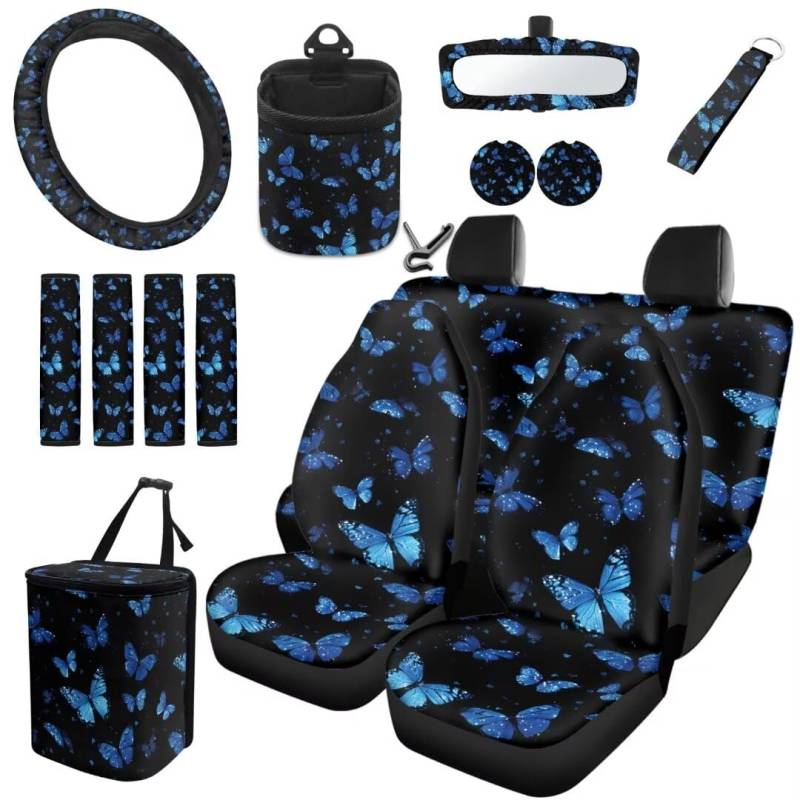 TOADDMOS Blue Butterfly Autositzbezüge Full Set Lenkradabdeckungen Gürtel Pads Auto Müllbeutel Air Vent Bag Handgelenk Lanyard für Autoschlüssel Auto Untersetzer, Pack von 15 von TOADDMOS