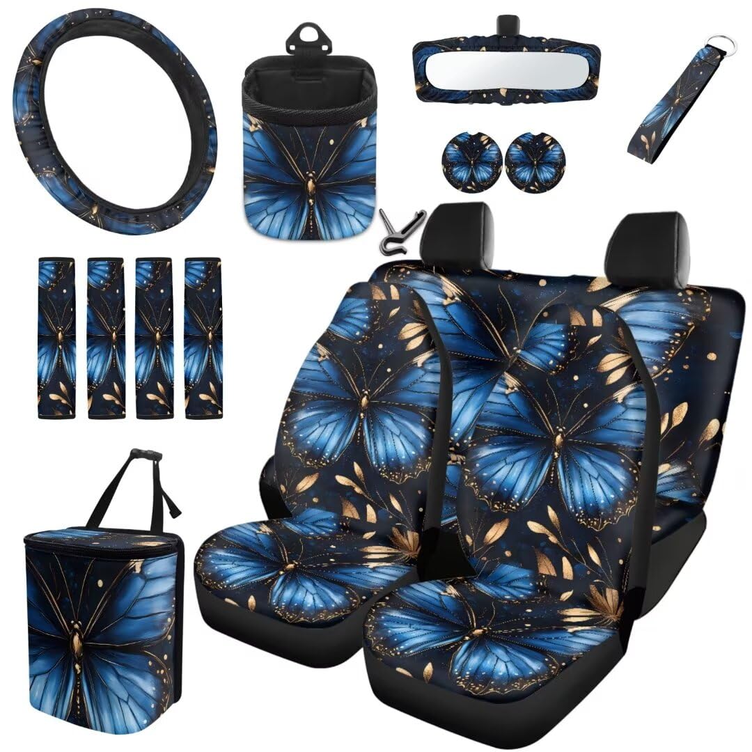 TOADDMOS Blue Butterfly Autositzbezüge Voller Satz 15 Sicherheitsgurt Pad Air Vent Aufbewahrungshalter Auto Müllbeutel Auto Cup Halter Einsatz Untersetzer Auto Lenkradabdeckung Auto Schlüsselanhänger von TOADDMOS