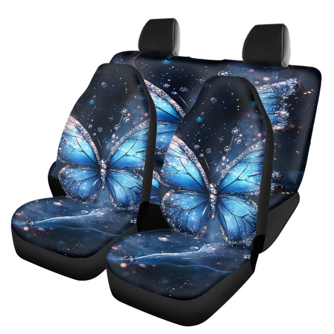 TOADDMOS Blue Diamond Butterfly Automotive Universal Sitzbezüge Set Vorderer Rücksitz Protektor Full Wrap Rückenlehne Schutzhülle, Einfache Installation und Entfernen, 4-teiliges Set von TOADDMOS