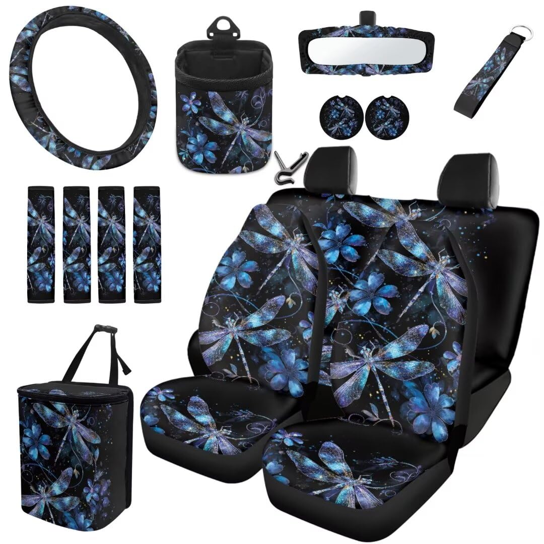 TOADDMOS Blue Dragonfly Autositz Protektoren Full Set Floral Flowers Auto Lenkrad Zubehör Auto Cup Halter Untersetzer Sicherheitsgurt Kissen Pad Air Vent Aufbewahrungstasche Hängen Mülleimer,15 Pcs von TOADDMOS