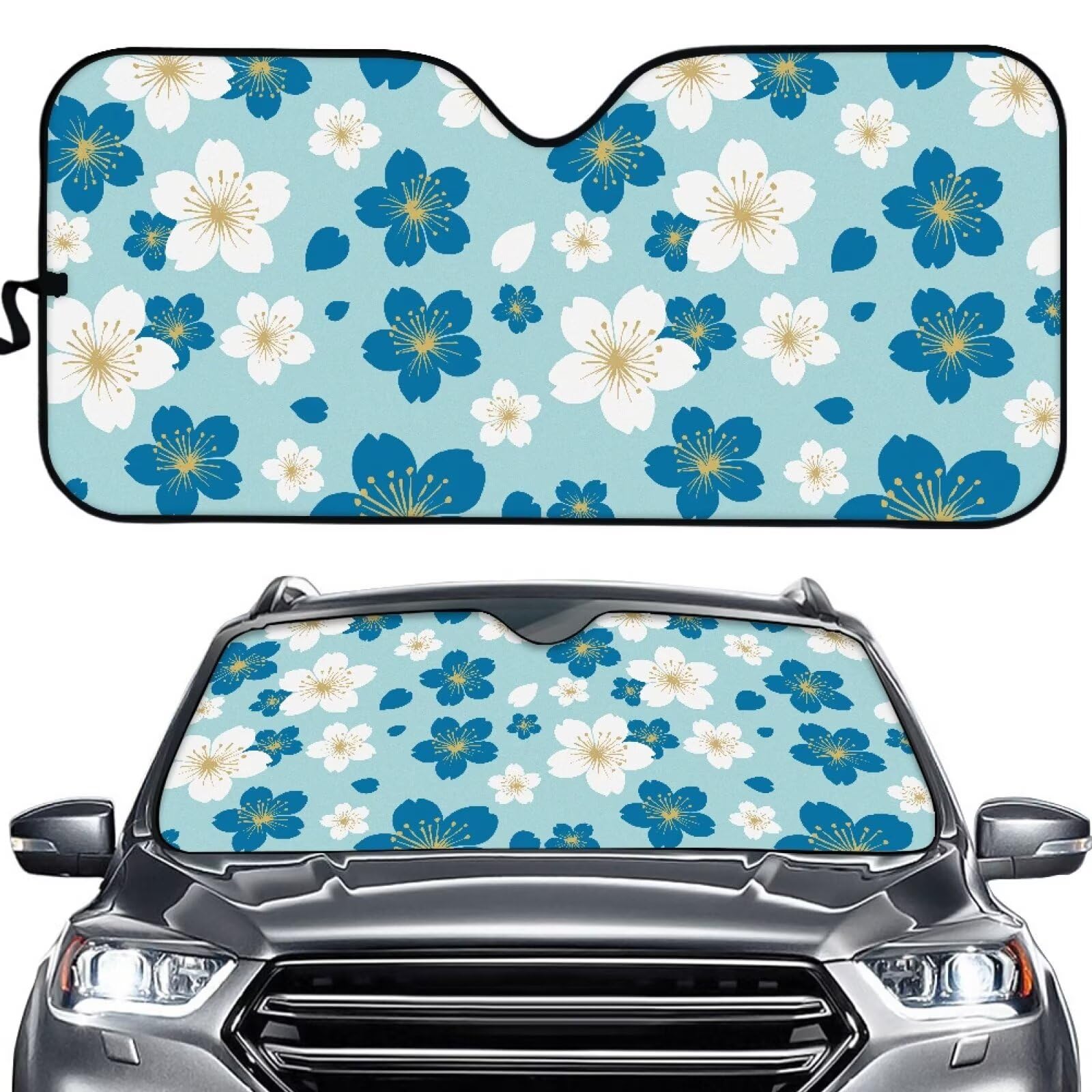 TOADDMOS Blue White Floral Flowers Auto Sun Shield Auto Faltbarer UV Ray Reflector Faltbarer Automobilinnenraum, einfach zu verwendenZubehör für Sonnenschutz von TOADDMOS