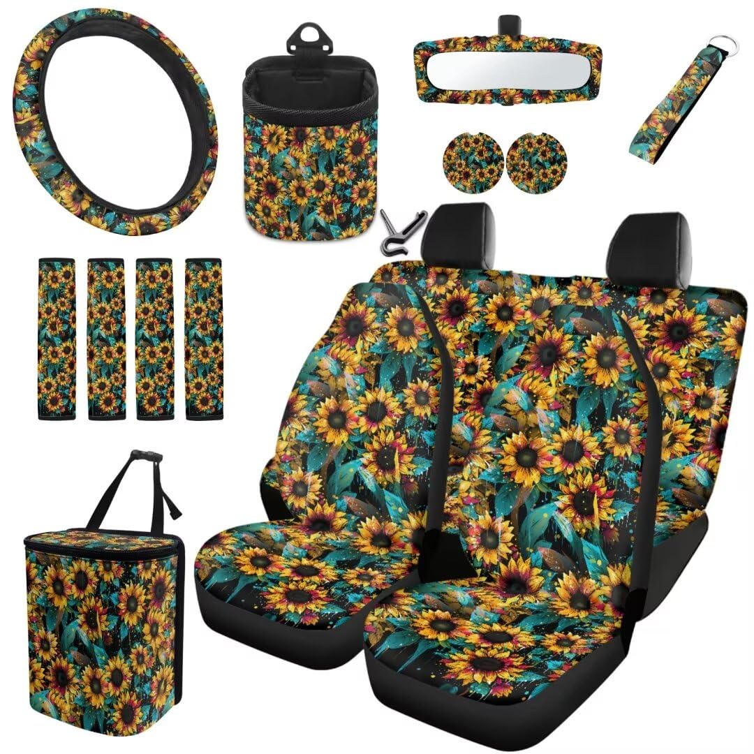 TOADDMOS Blüte Sonnenblume Auto Innenraum Sitzbezug Set von 15 Lenkradabdeckungen für Auto, Air Vent Bag Auto Untersetzer Sicherheitsgurt Kissen Pad Auto Mülleimer Handgelenk Schlüsselanhänger von TOADDMOS