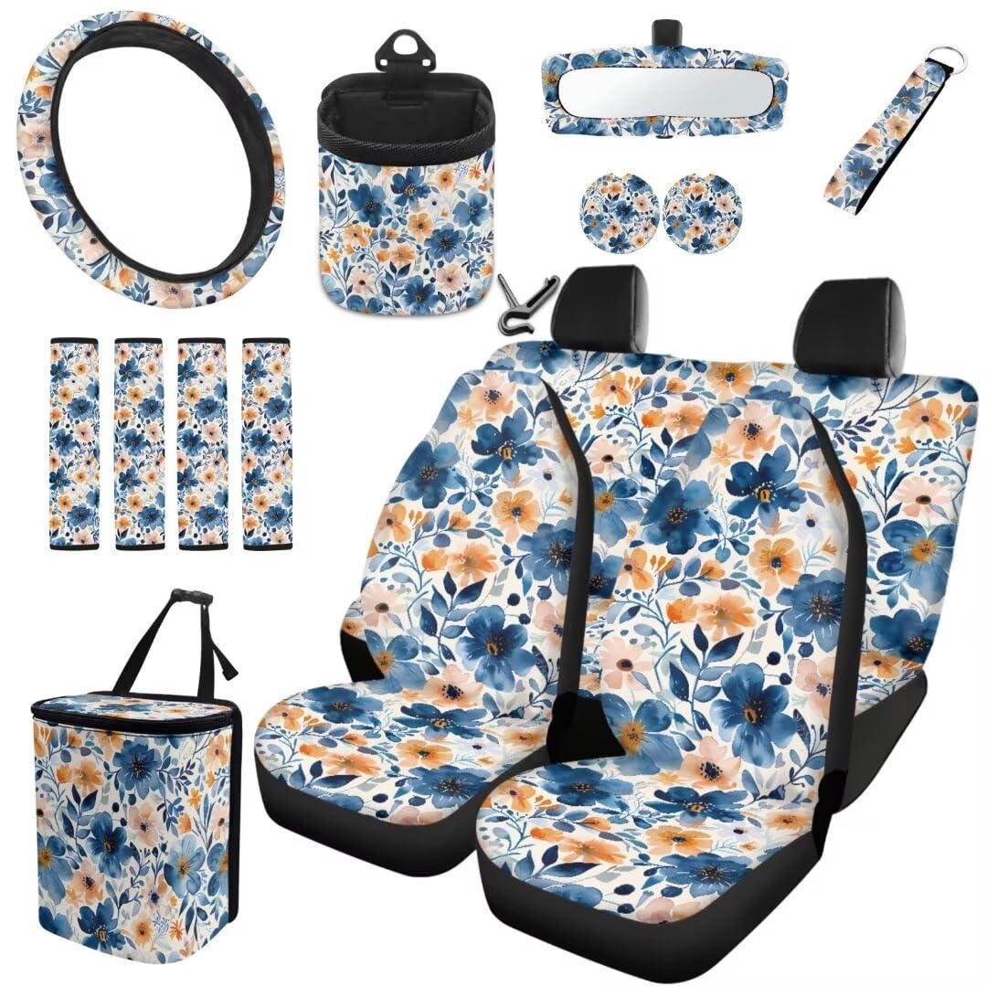 TOADDMOS Blumen Auto Innenraum Sitzbezug Set Tinte Stil Lenkradabdeckungen für Auto 15 Zoll, Sicherheitsgurt Pads Air Vent Aufhängungsstücke Schlüsselanhänger Auto Müll Tasche, 15 Stück Set von TOADDMOS