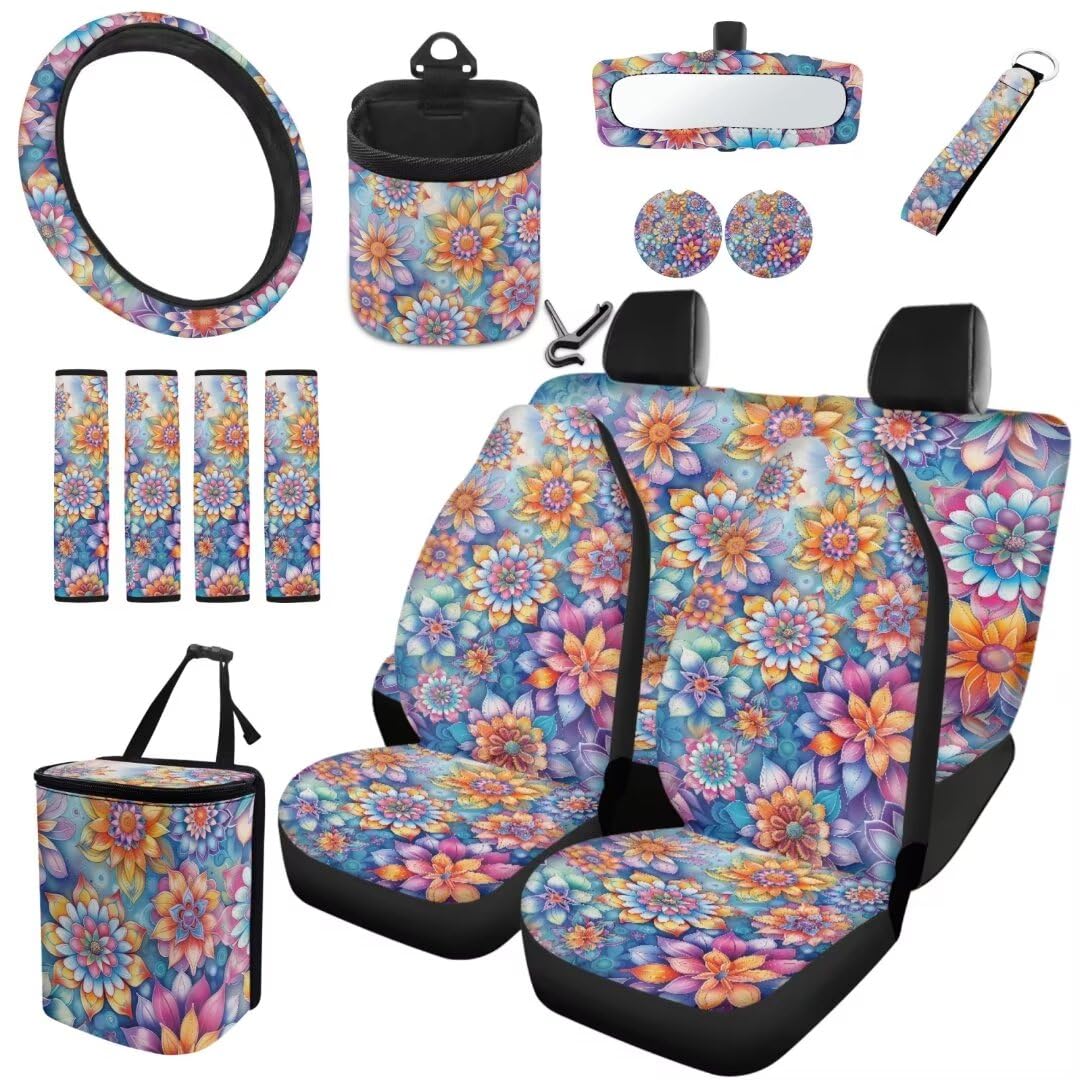 TOADDMOS Boho Blossom Autositzbezüge Voller Satz 15 Mandala Blumen Lenkradabdeckungen für Auto Schlüsselanhänger Sicherheitsgurt Gurt Pads Auto Cup Halter Einsatz Untersetzer von TOADDMOS