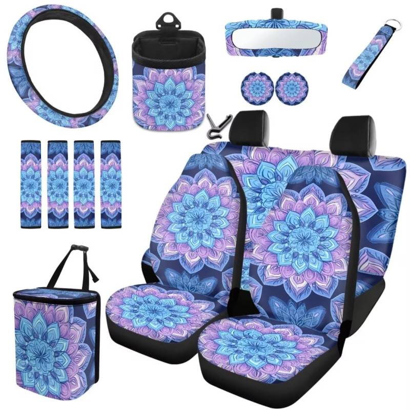 TOADDMOS Boho Floral Auto Universal Sitzbezüge Set Mandala Blumen Auto Lenkradabdeckung Müllbeutel Air Vent Aufbewahrungshalter Handgelenk Schlüsselanhänger Auto Cup Matte, Pack von 15 von TOADDMOS