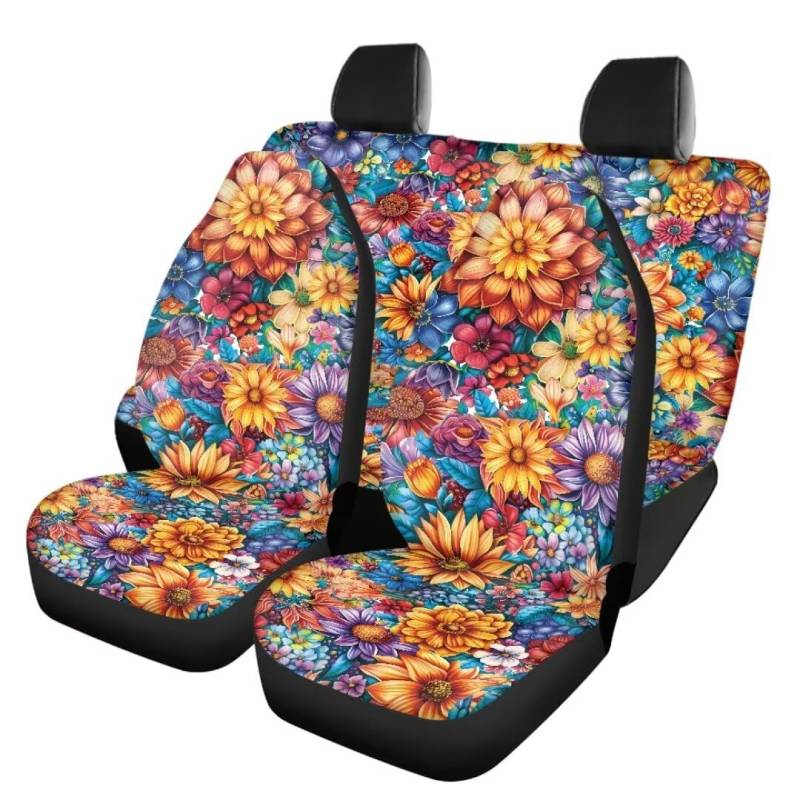 TOADDMOS Boho Floral Front und Heck Autositzbezug Voller Satz von 4 Mandala Blossom Front Eimer Sitzschutz und Rückseite Autositzbezug Leichte Decke Autositzbezüge für Damen Autos von TOADDMOS