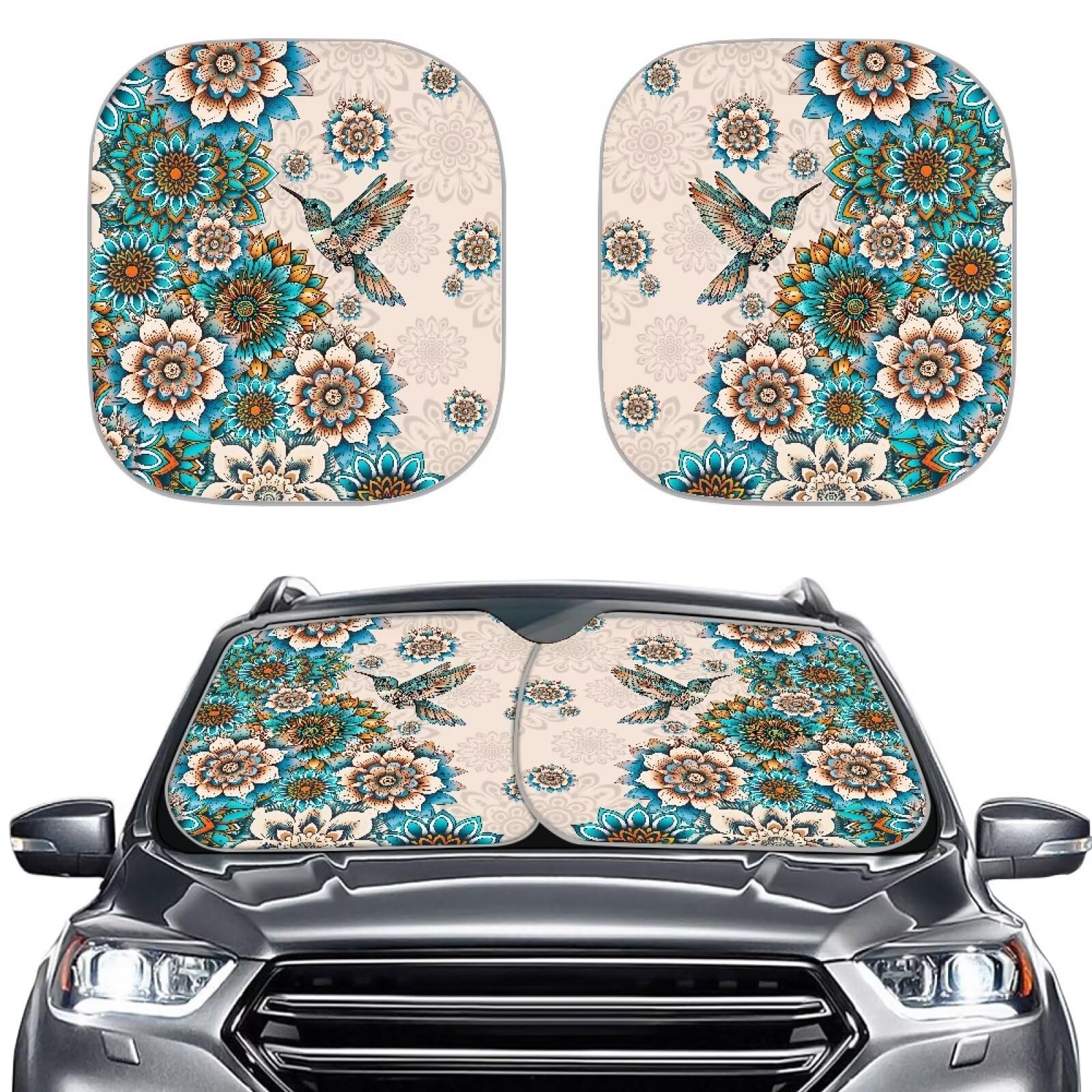 TOADDMOS Boho Kolibri Faltbarer Sonnenschutz für Auto Windschutzscheibe Mandala Floral Blossom Faltbarer Sonnenschutz, der Ihr Fahrzeug kühl hält,2 Pack von TOADDMOS