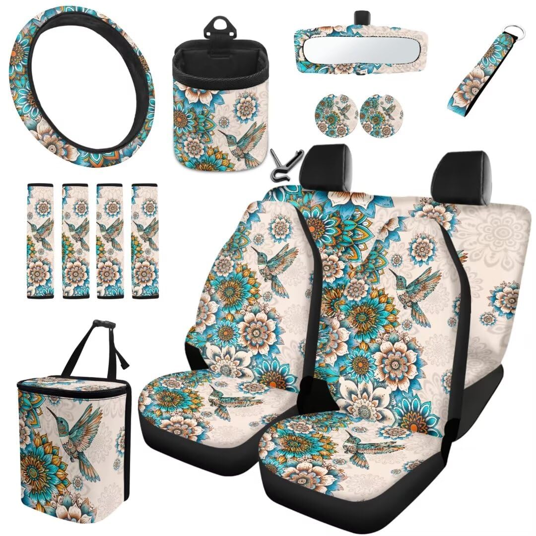 TOADDMOS Boho Kolibri Satteldecke Autositzbezüge Voller Satz 15 Mandala Blumen Auto Mülleimer Auto Cup Halter Untersetzer Auto Lenkradabdeckung Air Vent Aufbewahrungstasche Schlüsselanhänger von TOADDMOS