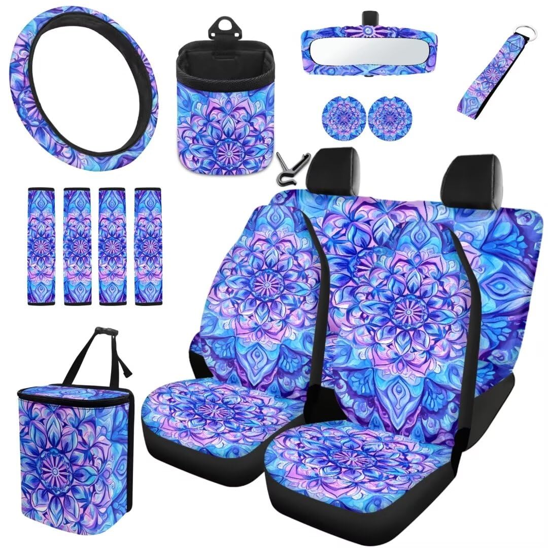 TOADDMOS Boho Mandala Blossom Automobil Fahrzeug Innenabdeckungen 15-Pack Floral Blumen Lenkungsabdeckungen Sicherheitsgurt Gurt Pads Auto Müllbeutel Air Vent Aufbewahrungshalter Schlüsselanhänger von TOADDMOS