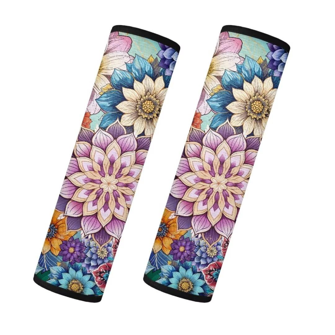 TOADDMOS Boho Mandala Blossom Sicherheitsgurt Abdeckung Pad Rutschfeste flauschige Schulterpolster Set von 2 verstellbaren Auto Sicherheitsgurt Abdeckung Winter und Universal Fit Auto Innenzubehör von TOADDMOS