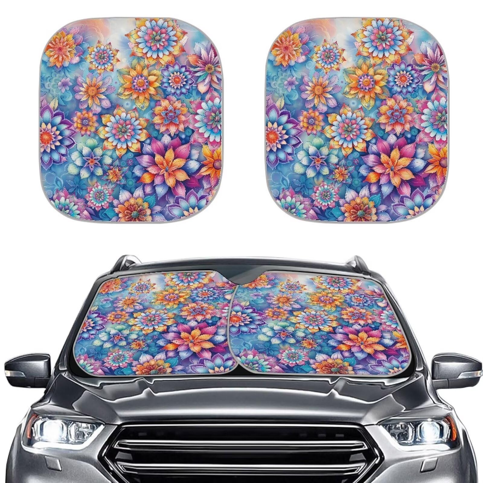 TOADDMOS Boho Mandala Floral Blossom Sonnenschutz für Auto Windschutzscheibe, 2-Pack, Faltbare Front Windschutzscheibe Sonnenschutz Universal Auto Windschutzscheibe Abdeckung für die meisten Fahrzeuge von TOADDMOS