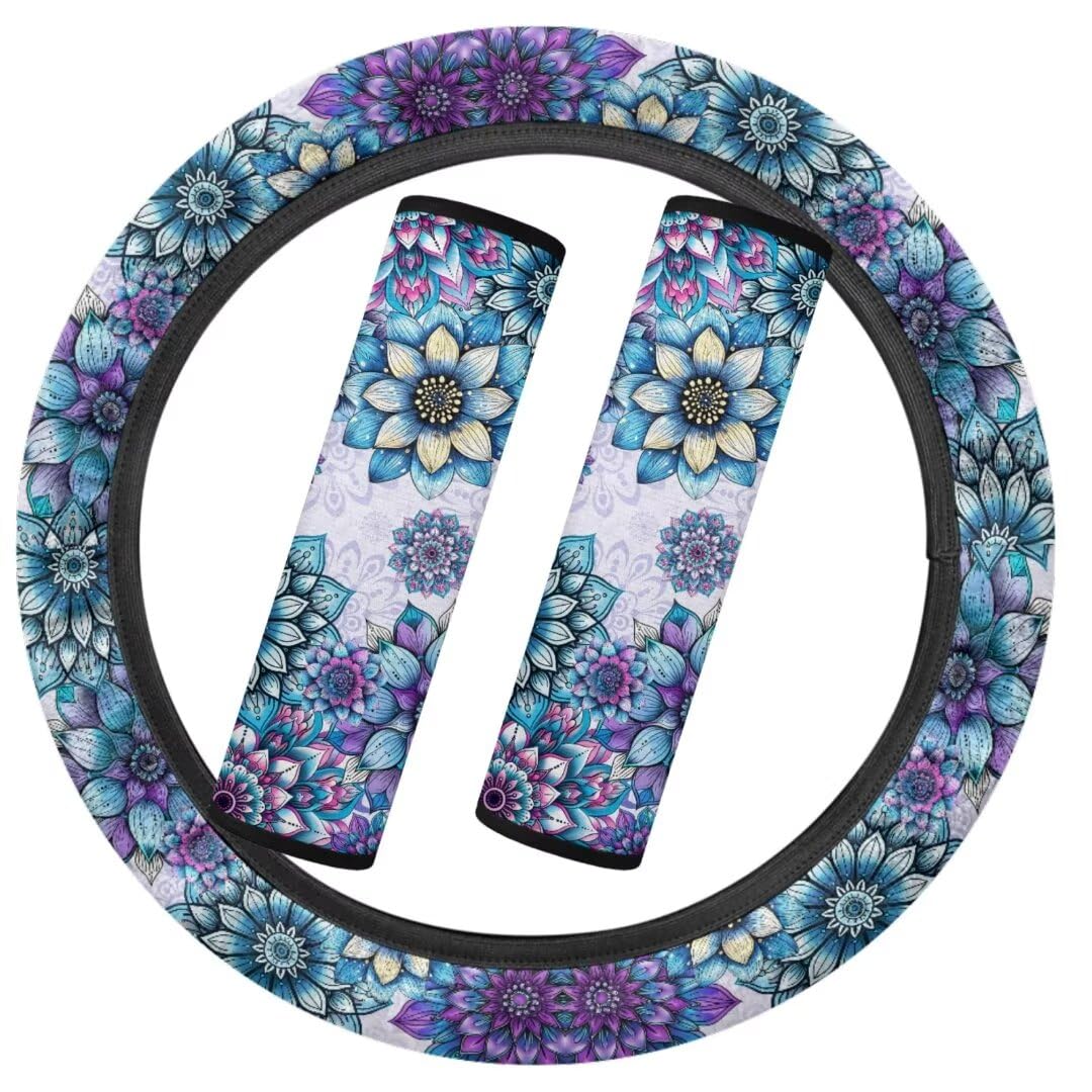 TOADDMOS Boho Stil Auto Zubehör Frauen Lenkradabdeckung Mandala Blossom Auto Sicherheitsgurt Pads Lenkrad Wrap, Winter Auto Innendekoration von TOADDMOS