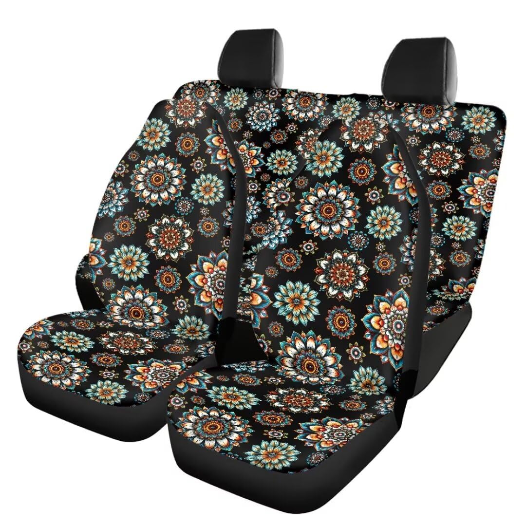 TOADDMOS Boho Style Floral Auto Sitzbezüge Set Mandala Blossom Vordersitzprotektoren mit Split Bank Rücksitzbezüge Ganzer Sitzschutz Auto Innenbezüge für Auto LKW Van SUV von TOADDMOS