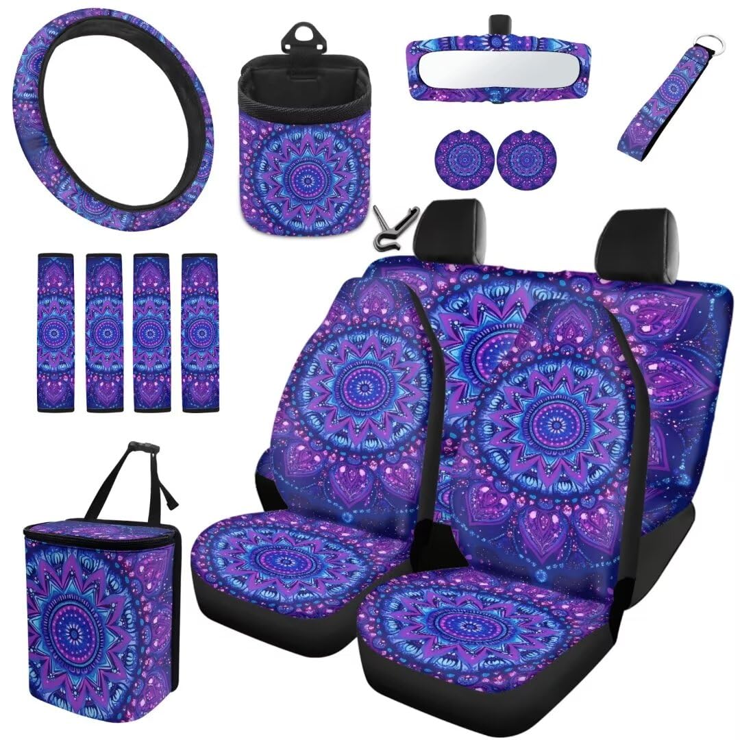 TOADDMOS Boho Style Universal Sitzbezüge für Autos Mandala Floral Lenkrad Schutz Air Vent Aufbewahrungstasche Anti-Rutsch Matte Untersetzer Auto Müll Tasche Handgelenk Schlüsselanhänger,15 Stück Set von TOADDMOS