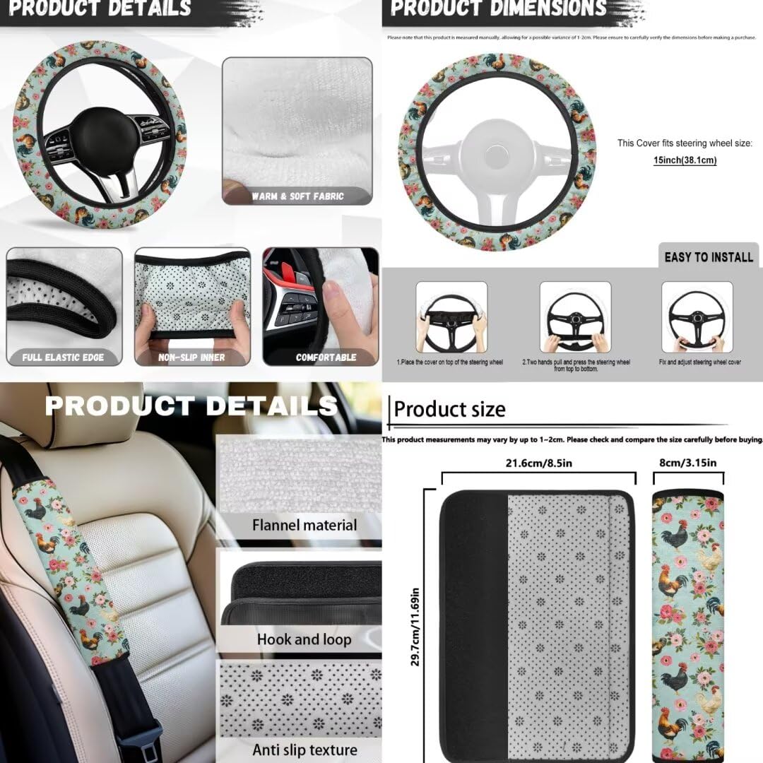 TOADDMOS Boho Turtles Steering Wheel Cover+Warm Seat Belt Cover Pad for Women Comfortable Car Steering Wheel Accessories for Car 15 inch von TOADDMOS