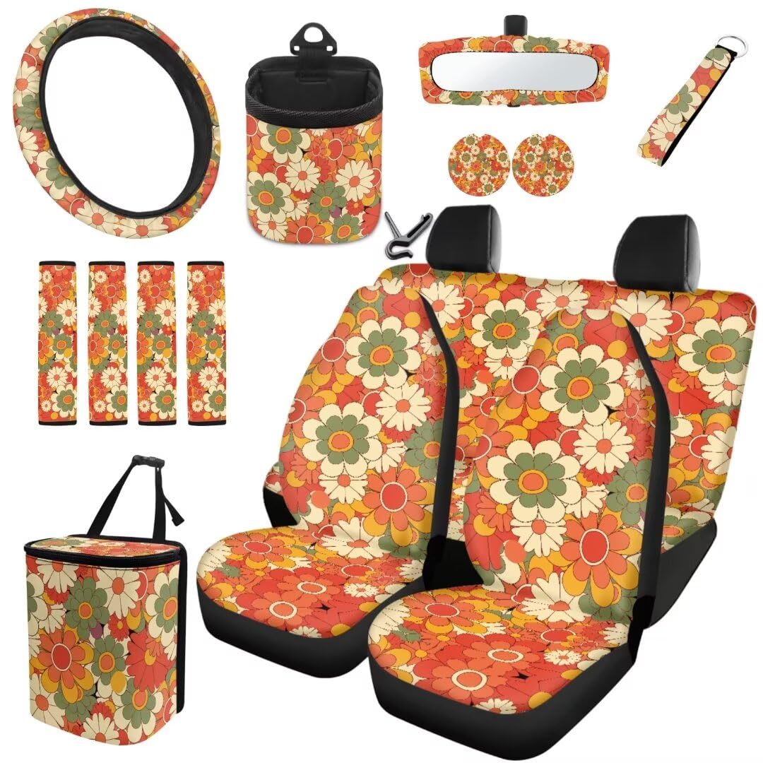 TOADDMOS Bright Floral Automotive Universal Sitzbezüge Set Blumen Gürtel Pads Auto Mülleimer Air Vent Bag Auto Cup Halter Einsatz Untersetzer Handgelenk Schlüsselanhänger Lenkrad Schutz,15 Pack von TOADDMOS